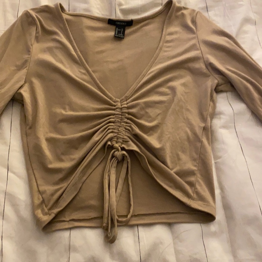 Tan/cream long sleeve scrunch blouse from Forever21